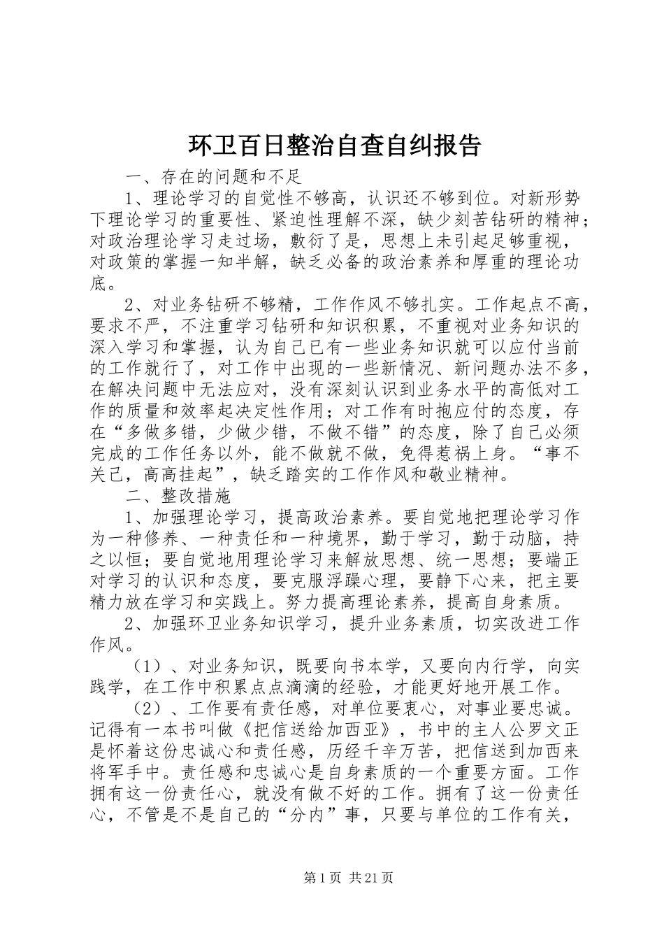 2024年环卫百日整治自查自纠报告_第1页