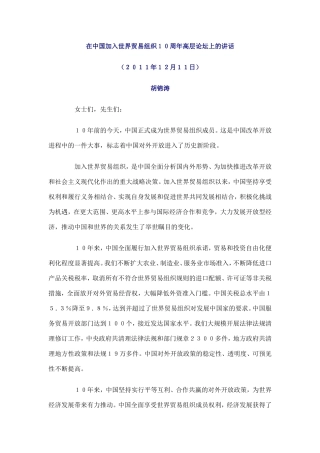 在中国加入世界贸易组织10周年高层论坛上的讲话