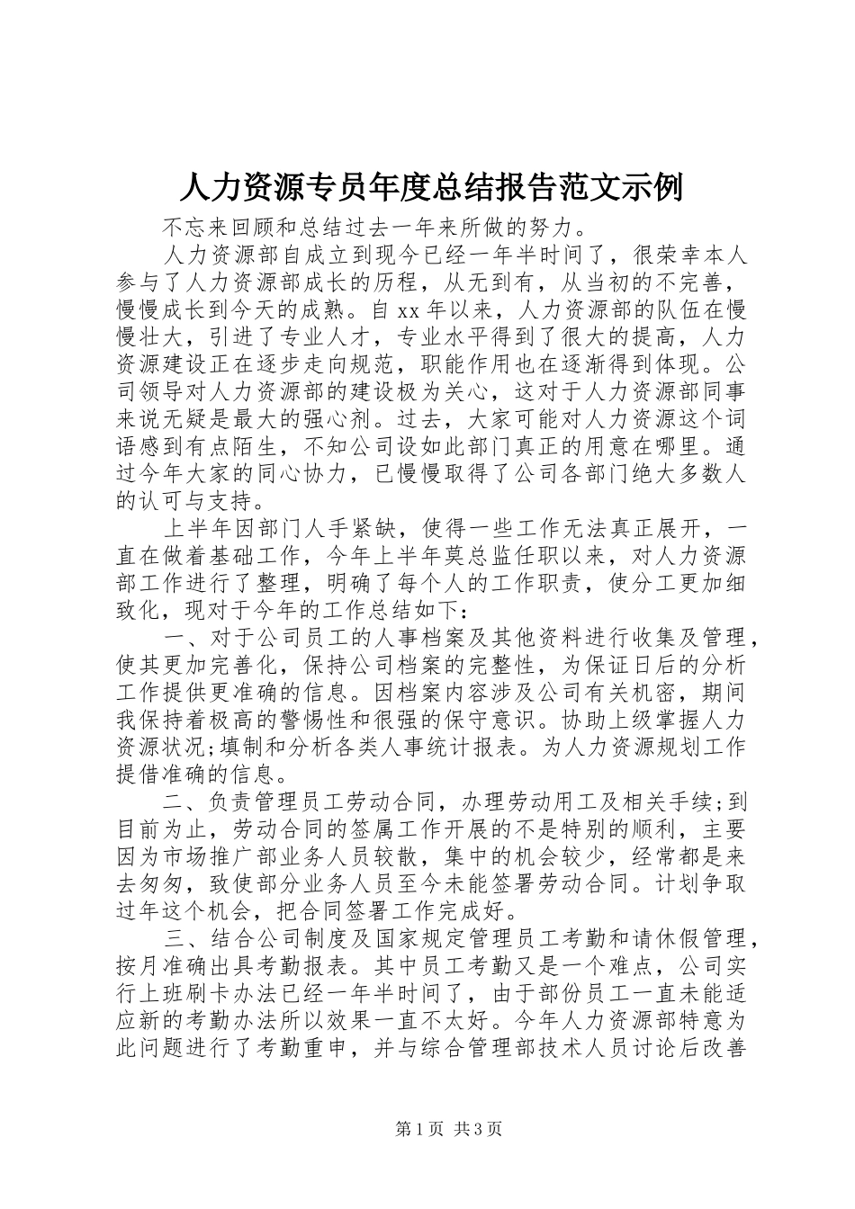 2024年人力资源专员年度总结报告范文示例_第1页
