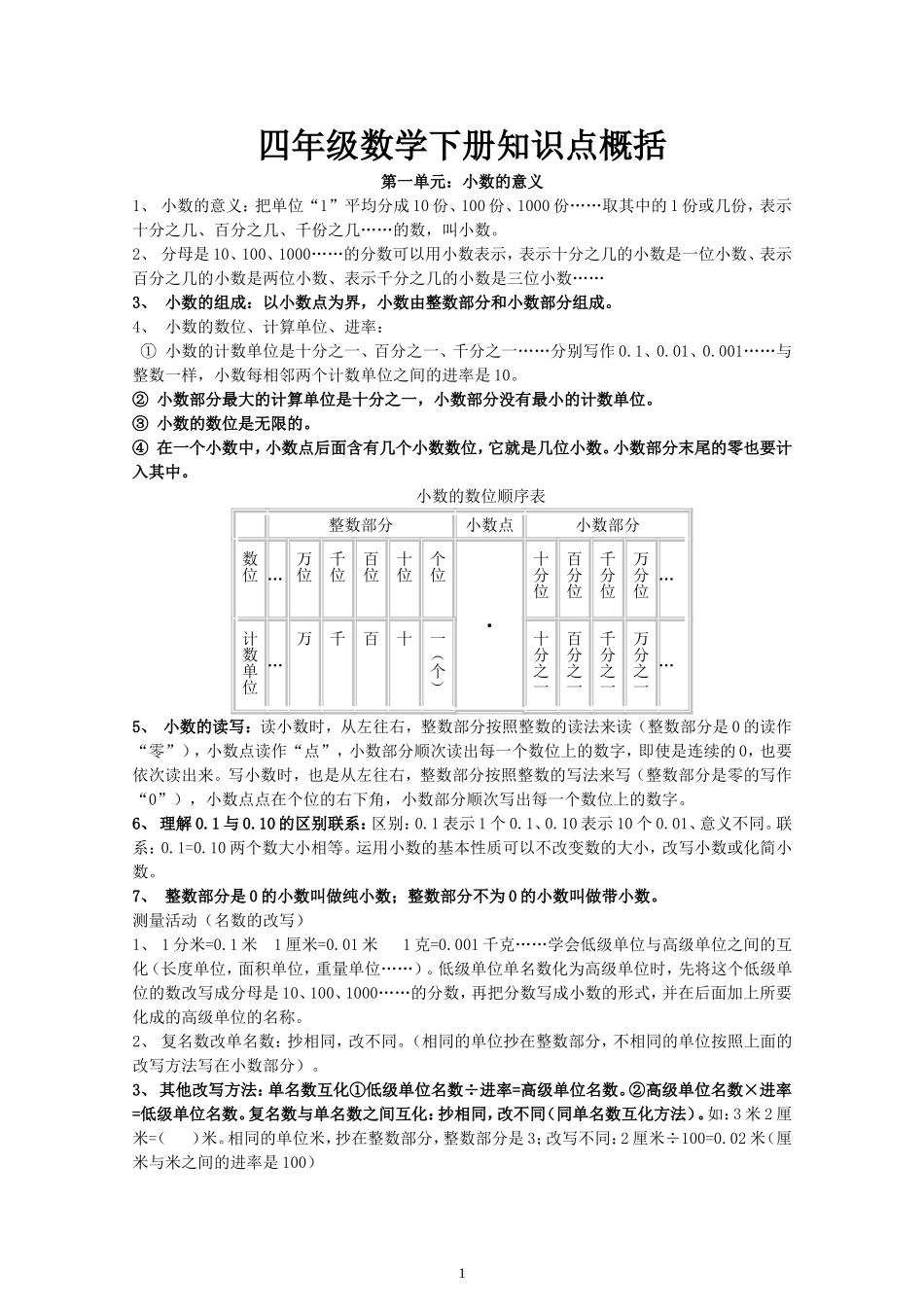 北师大版四年级数学下册概念知识重点_第1页