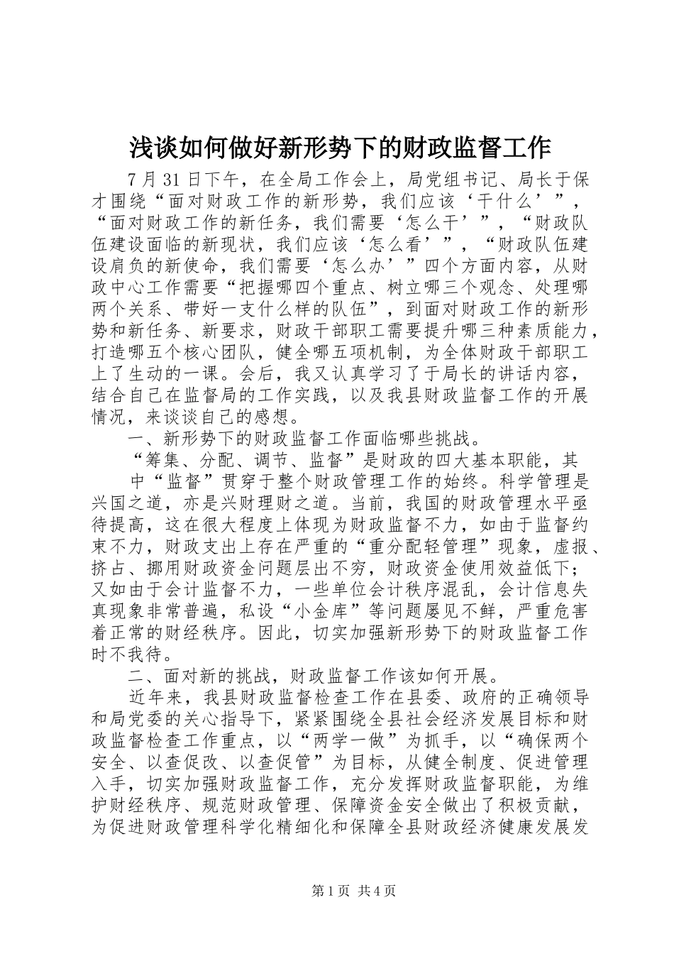 2024年浅谈如何做好新形势下的财政监督工作_第1页