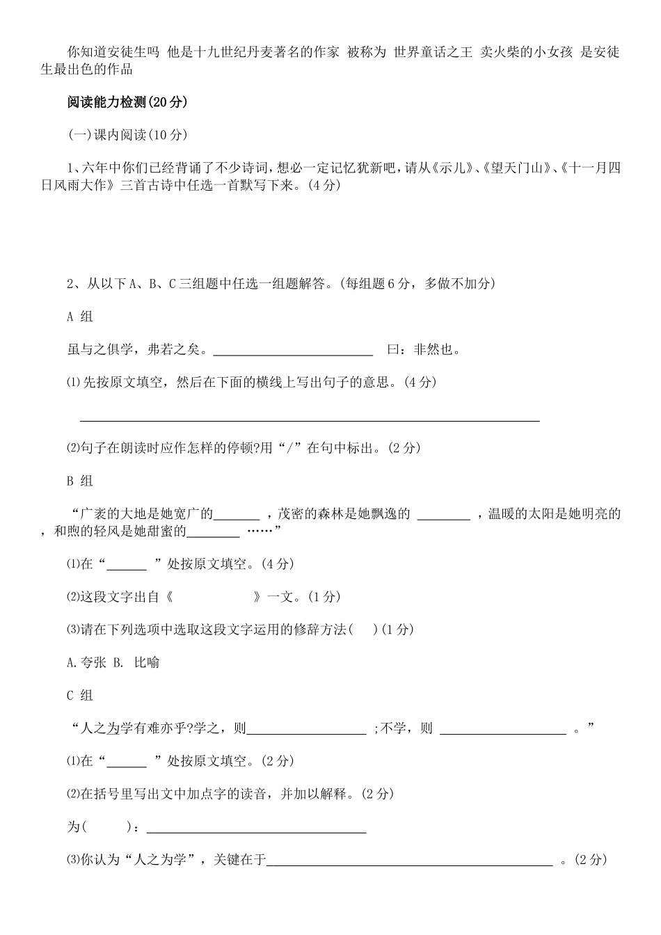 北师大版小升初语文试卷带答案_第3页