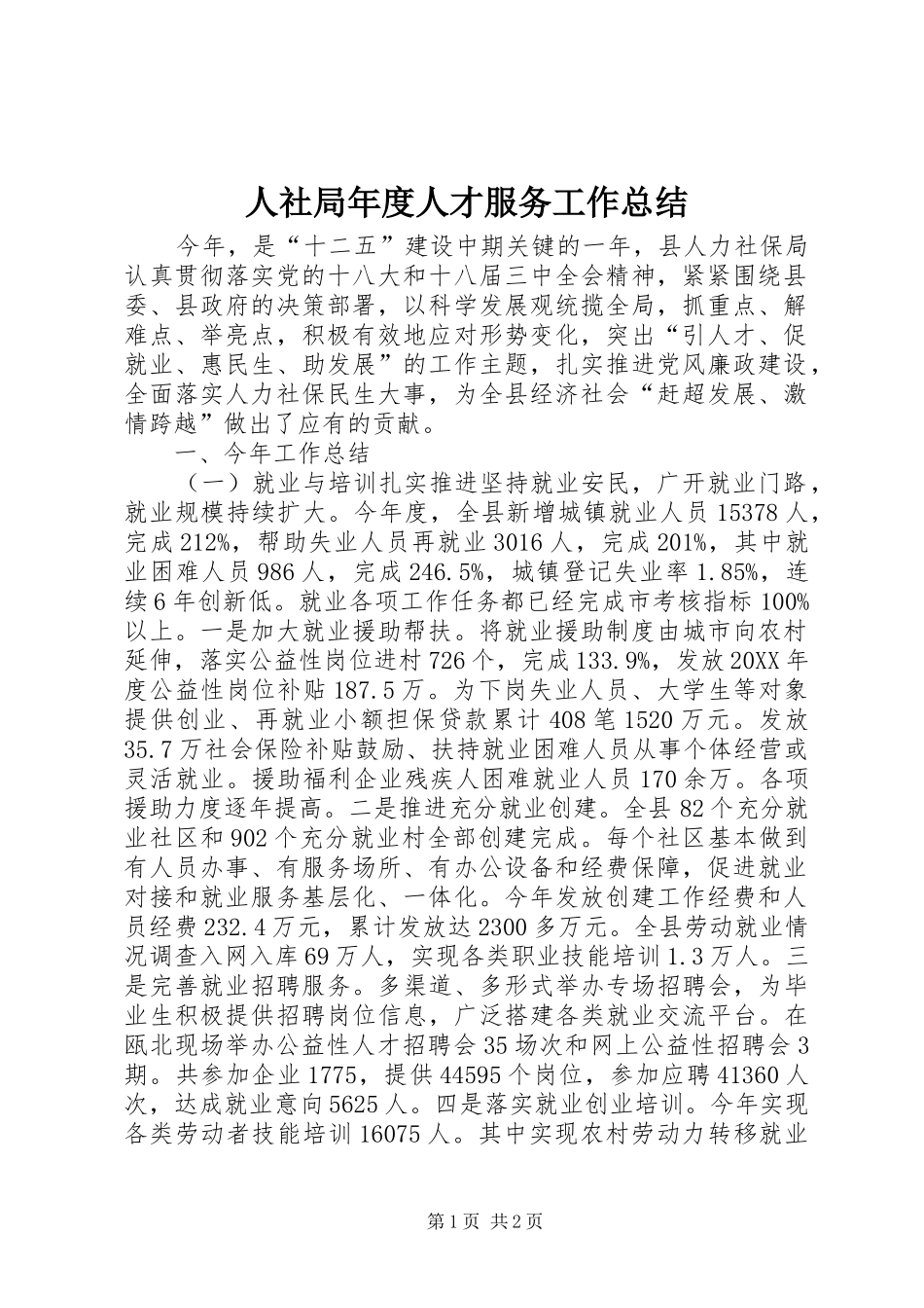 2024年人社局年度人才服务工作总结_第1页