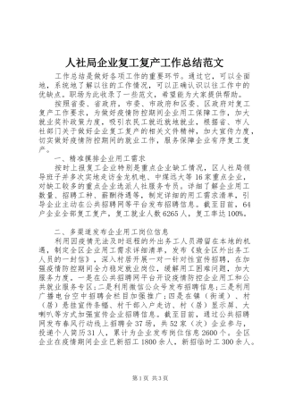 2024年人社局企业复工复产工作总结范文