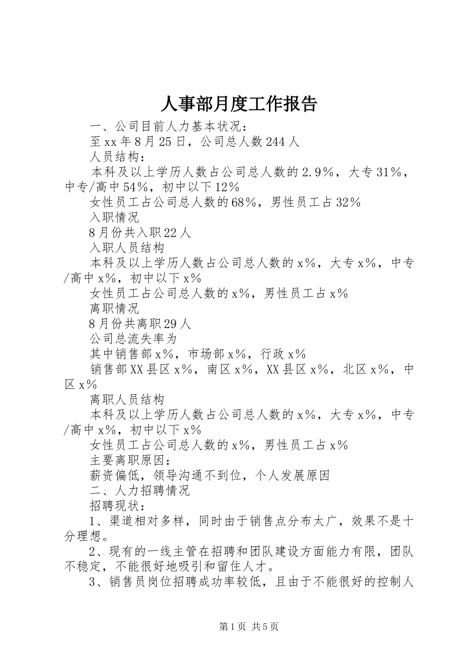 2024年人事部月度工作报告_第1页