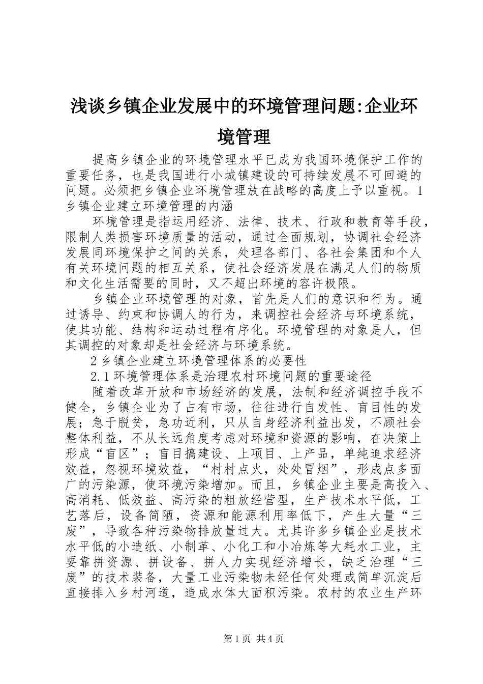 2024年浅谈乡镇企业发展中的环境管理问题企业环境管理_第1页
