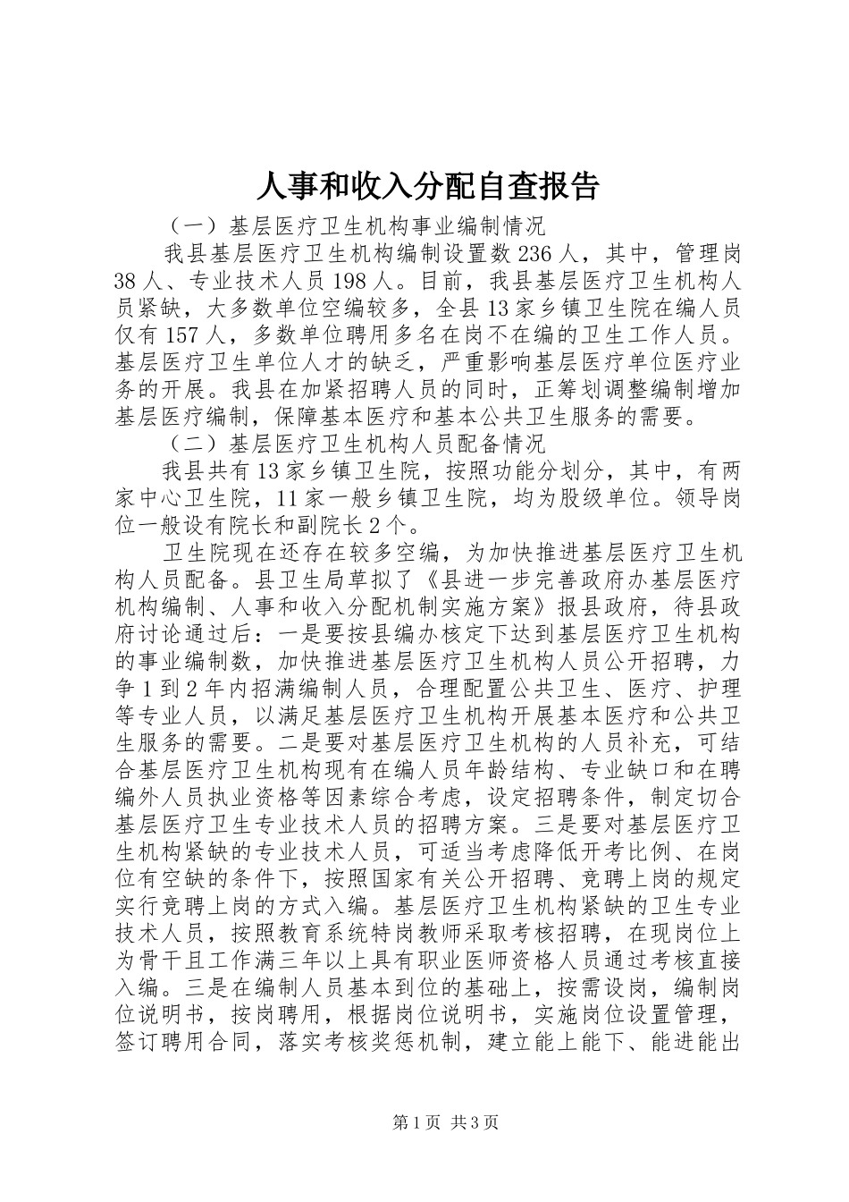 2024年人事和收入分配自查报告_第1页