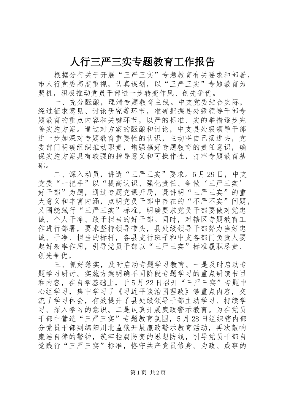 2024年人行三严三实专题教育工作报告_第1页