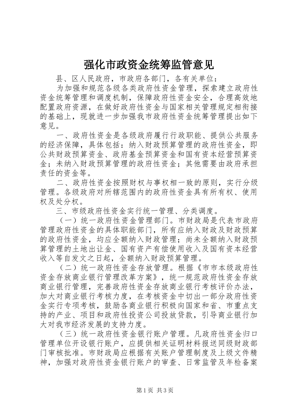 2024年强化市政资金统筹监管意见_第1页