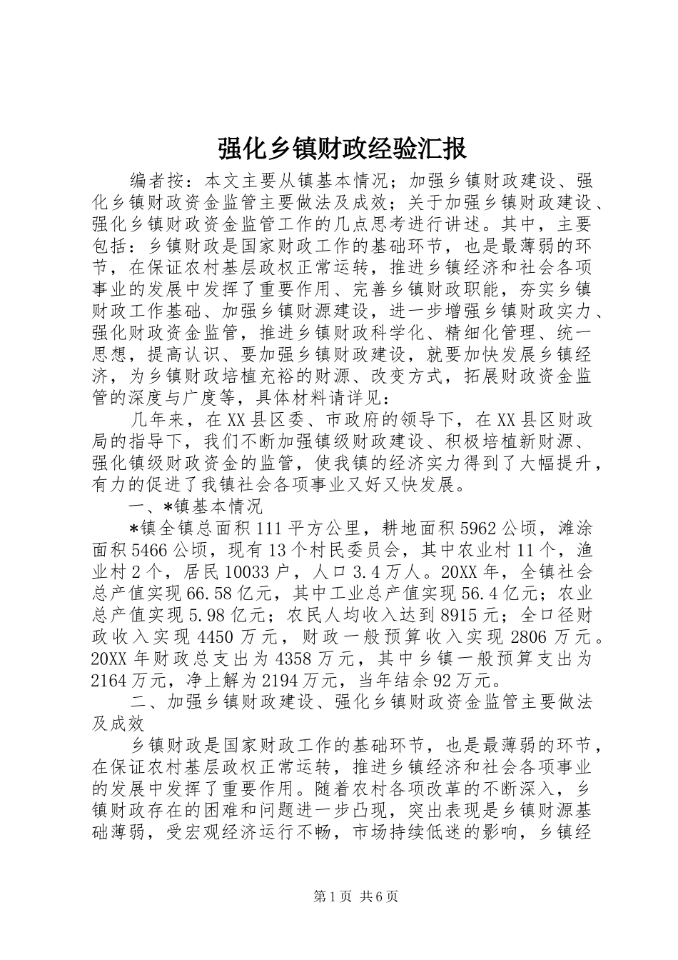 2024年强化乡镇财政经验汇报_第1页
