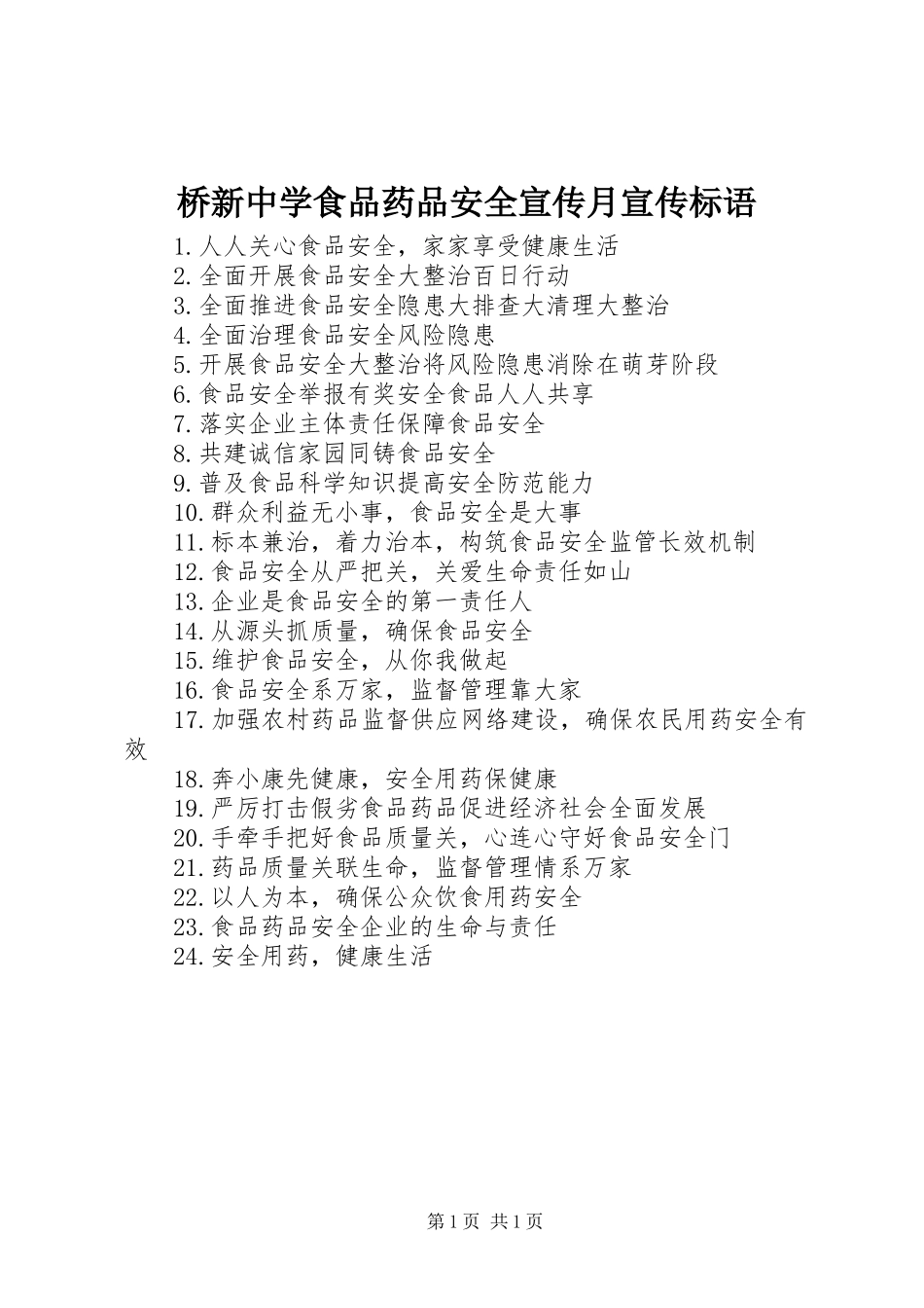 2024年桥新中学食品药品安全宣传月宣传标语_第1页