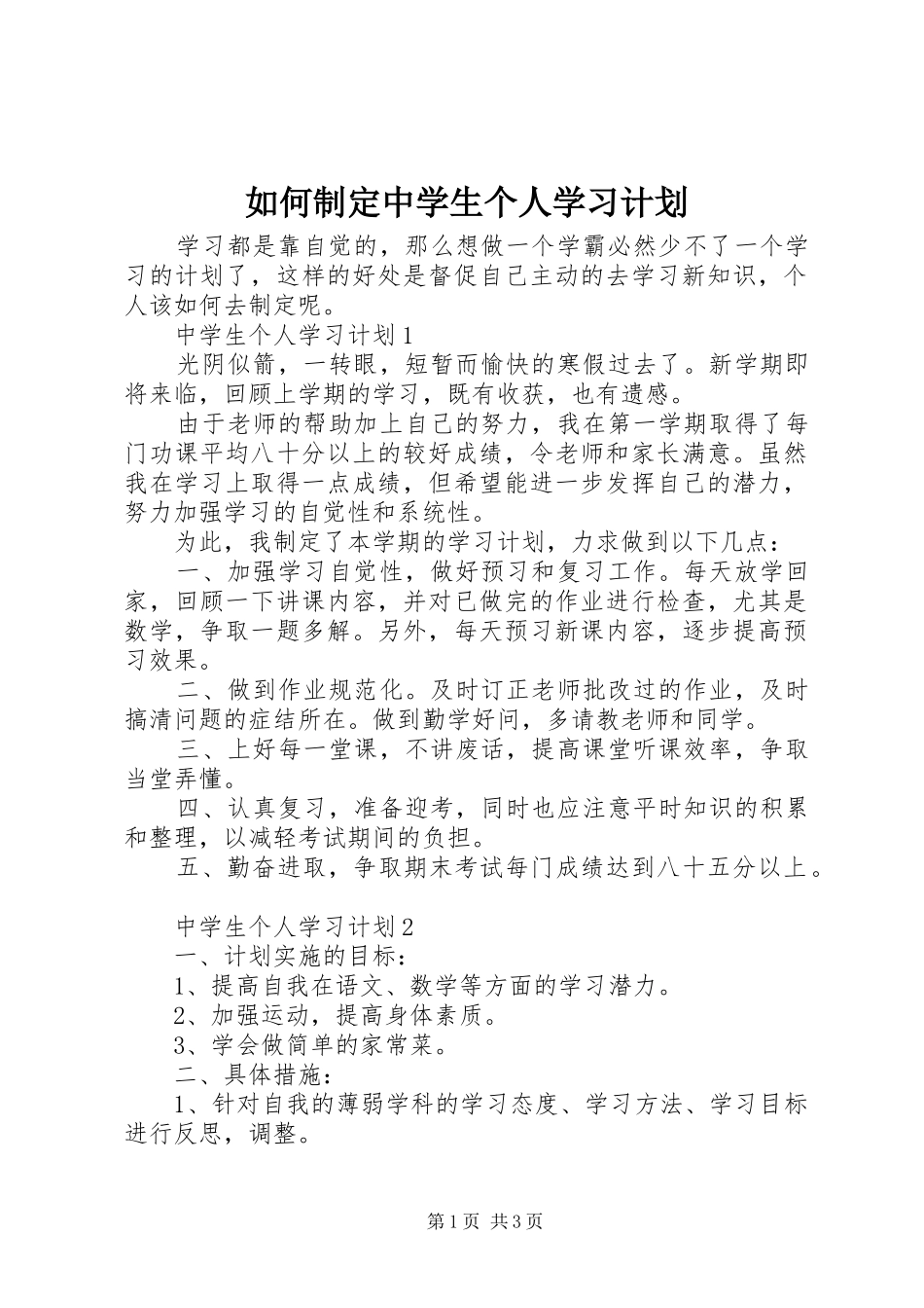 2024年如何制定中学生个人学习计划_第1页