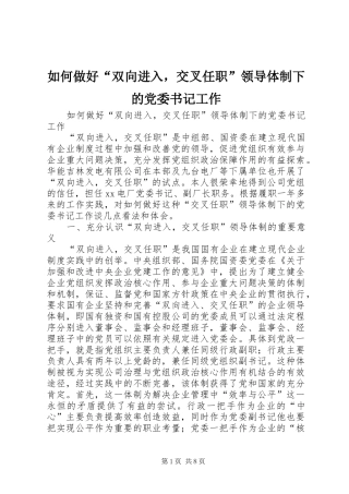 2024年如何做好双向进入，交叉任职领导体制下的党委书记工作