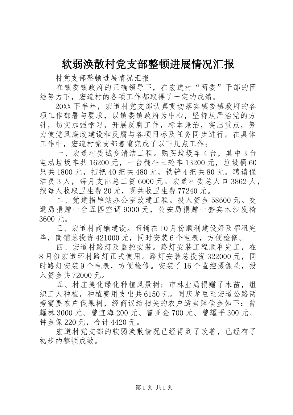 2024年软弱涣散村党支部整顿进展情况汇报_第1页