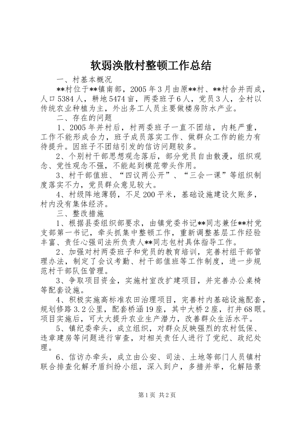 2024年软弱涣散村整顿工作总结_第1页