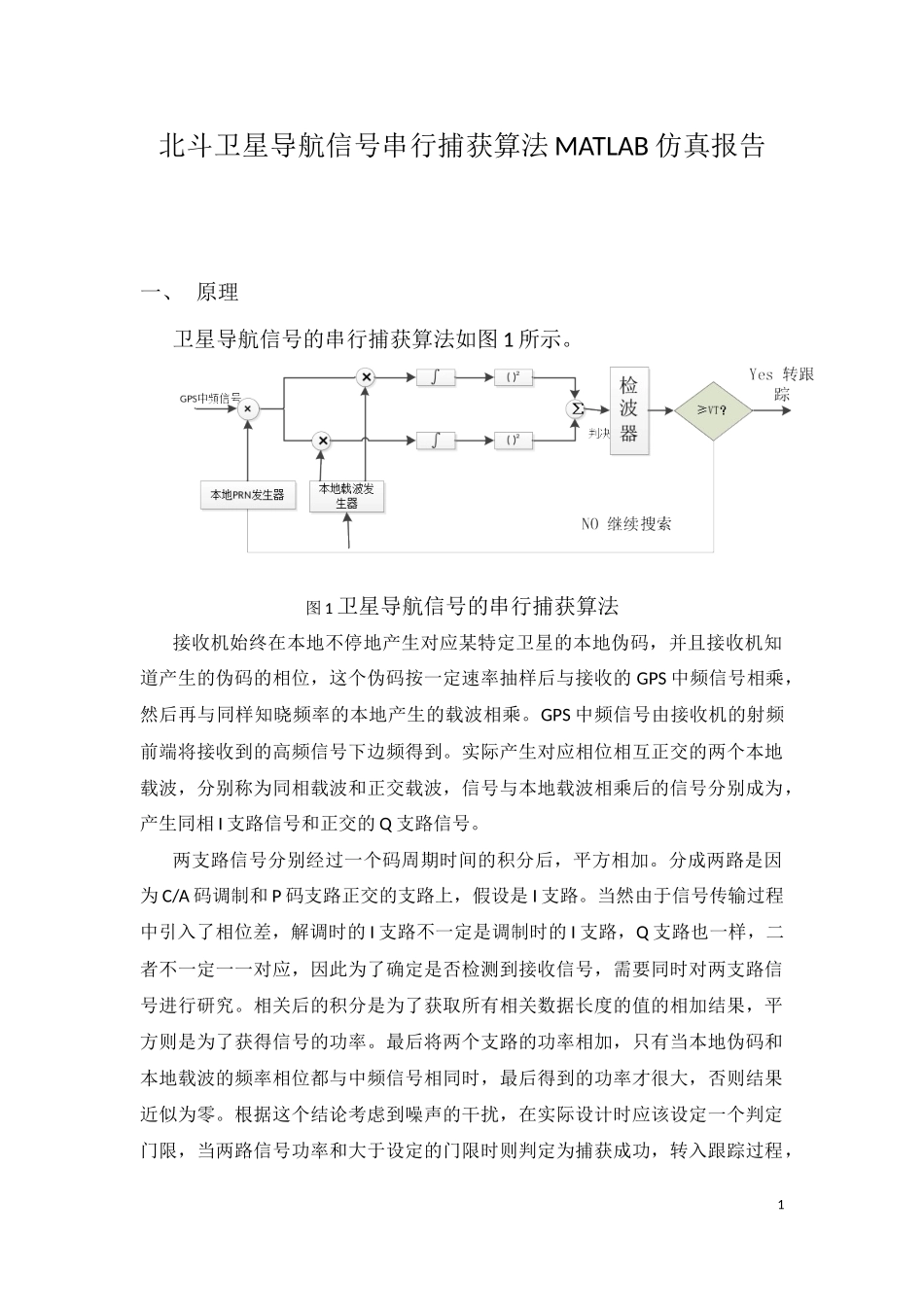 北斗卫星导航信号串行捕获算法MATLAB仿真报告(附MATLAB程序)_第1页