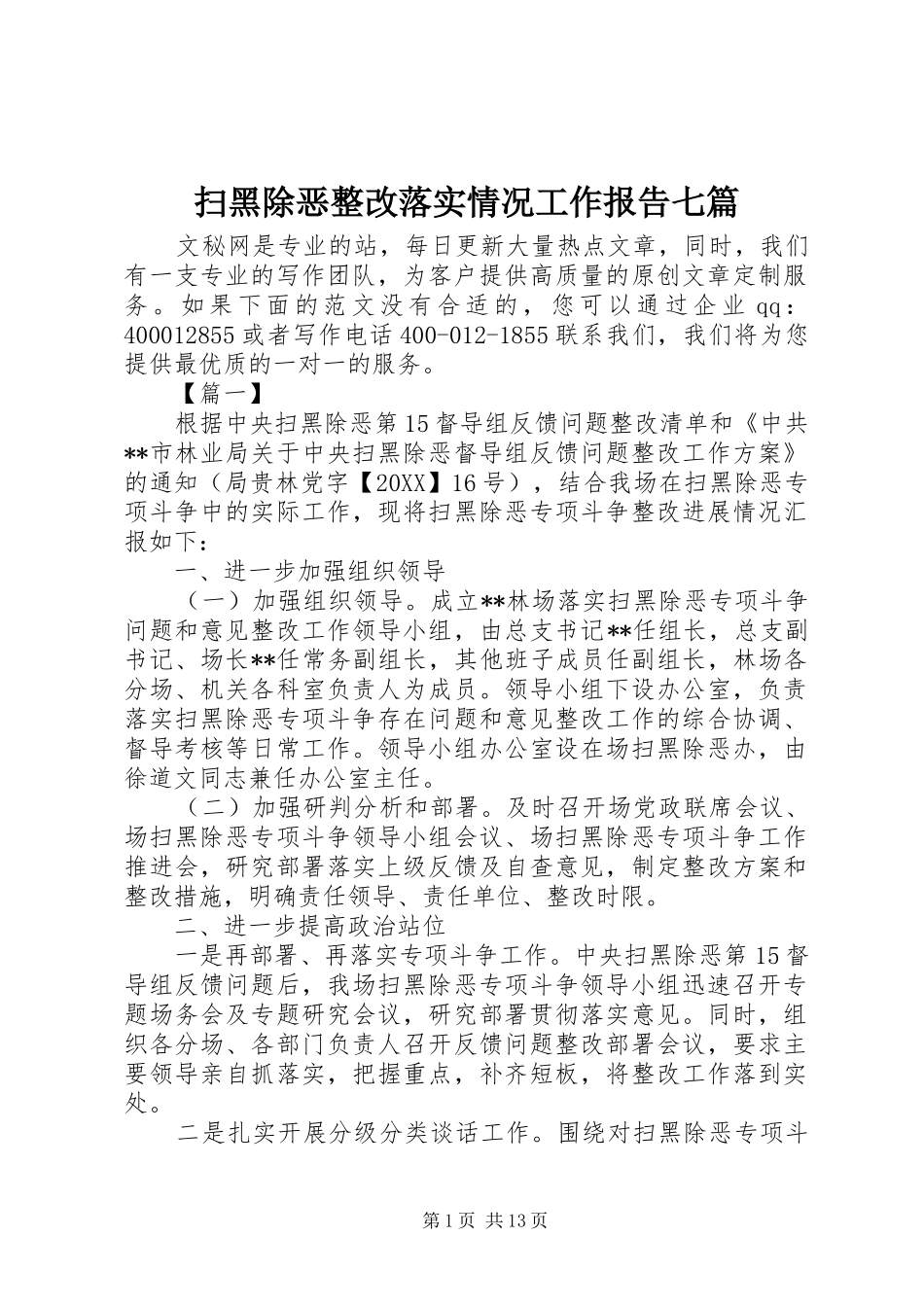 2024年扫黑除恶整改落实情况工作报告七篇_第1页