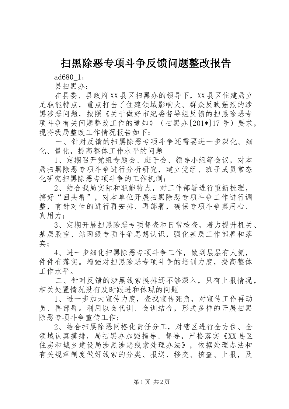 2024年扫黑除恶专项斗争反馈问题整改报告_第1页