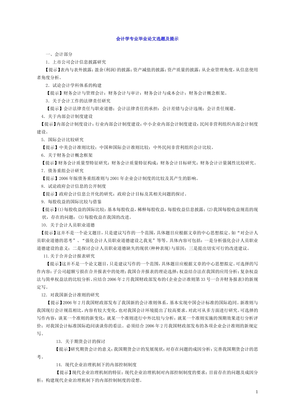 会计本科论文选题及提示_第1页