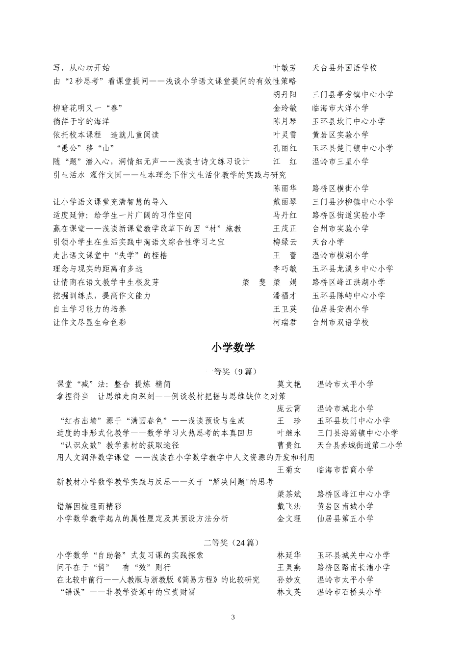 台州市2010年中小学教师论文评比获奖名单_第3页