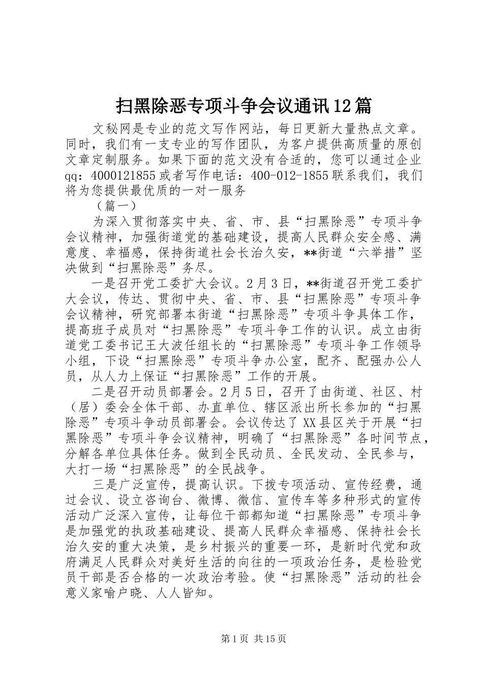 2024年扫黑除恶专项斗争会议通讯篇_第1页
