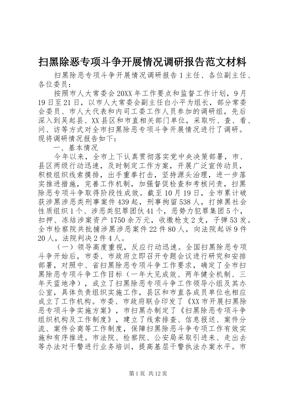 2024年扫黑除恶专项斗争开展情况调研报告范文材料_第1页