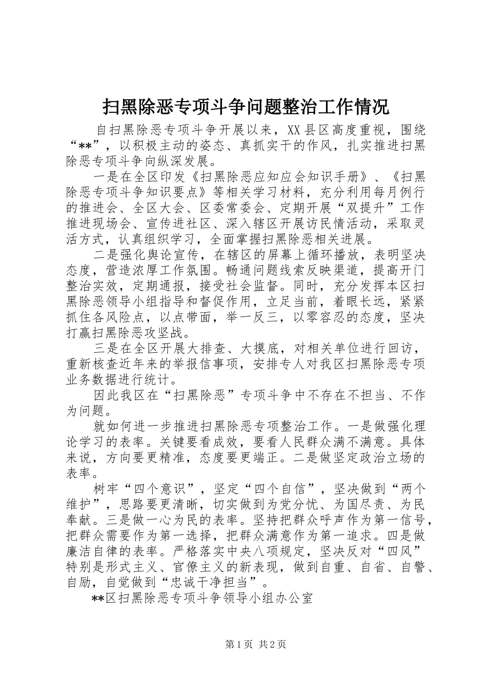 2024年扫黑除恶专项斗争问题整治工作情况_第1页