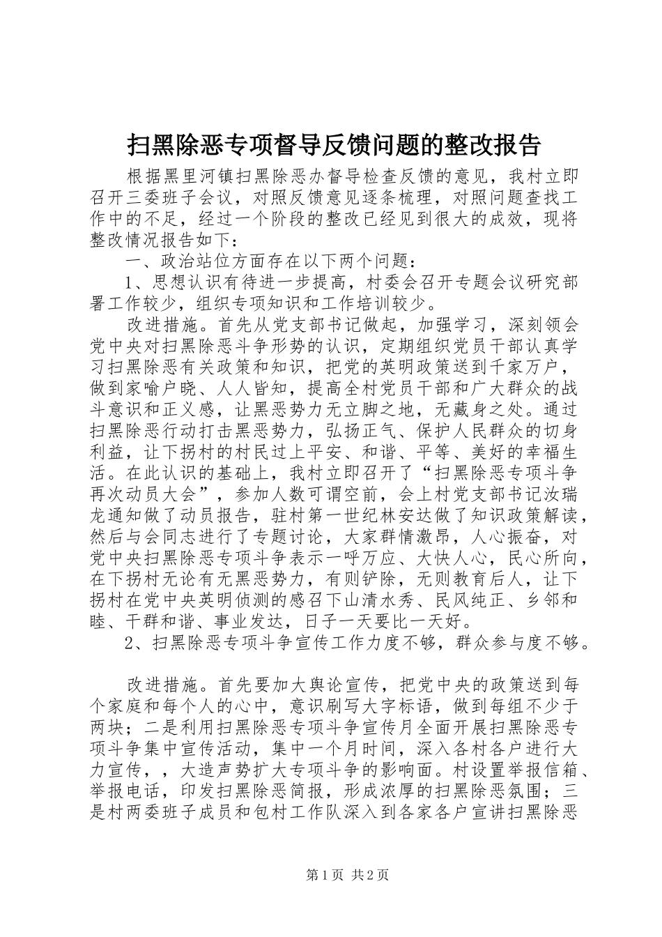 2024年扫黑除恶专项督导反馈问题的整改报告_第1页