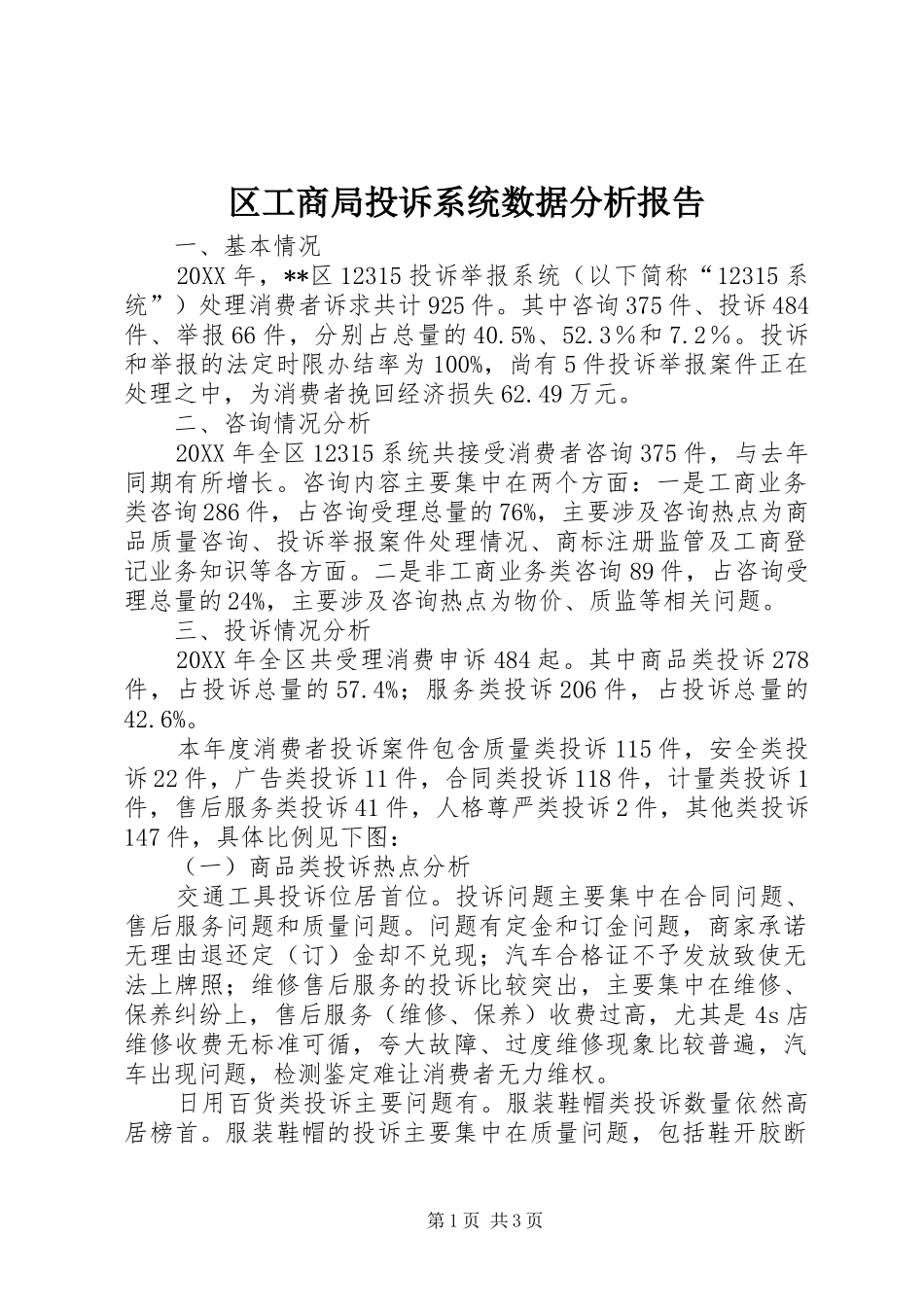 2024年区工商局投诉系统数据分析报告_第1页