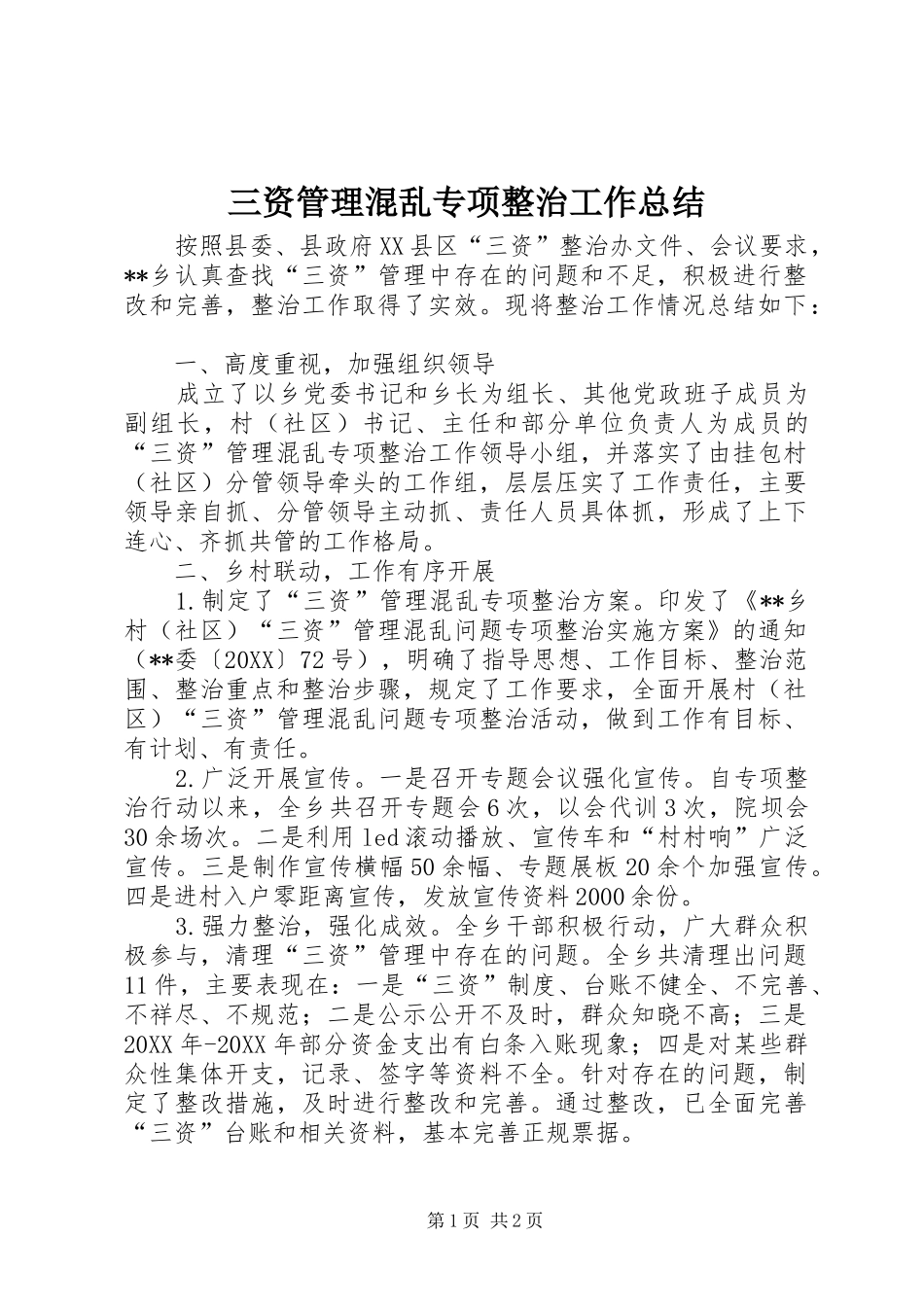 2024年三资管理混乱专项整治工作总结_第1页