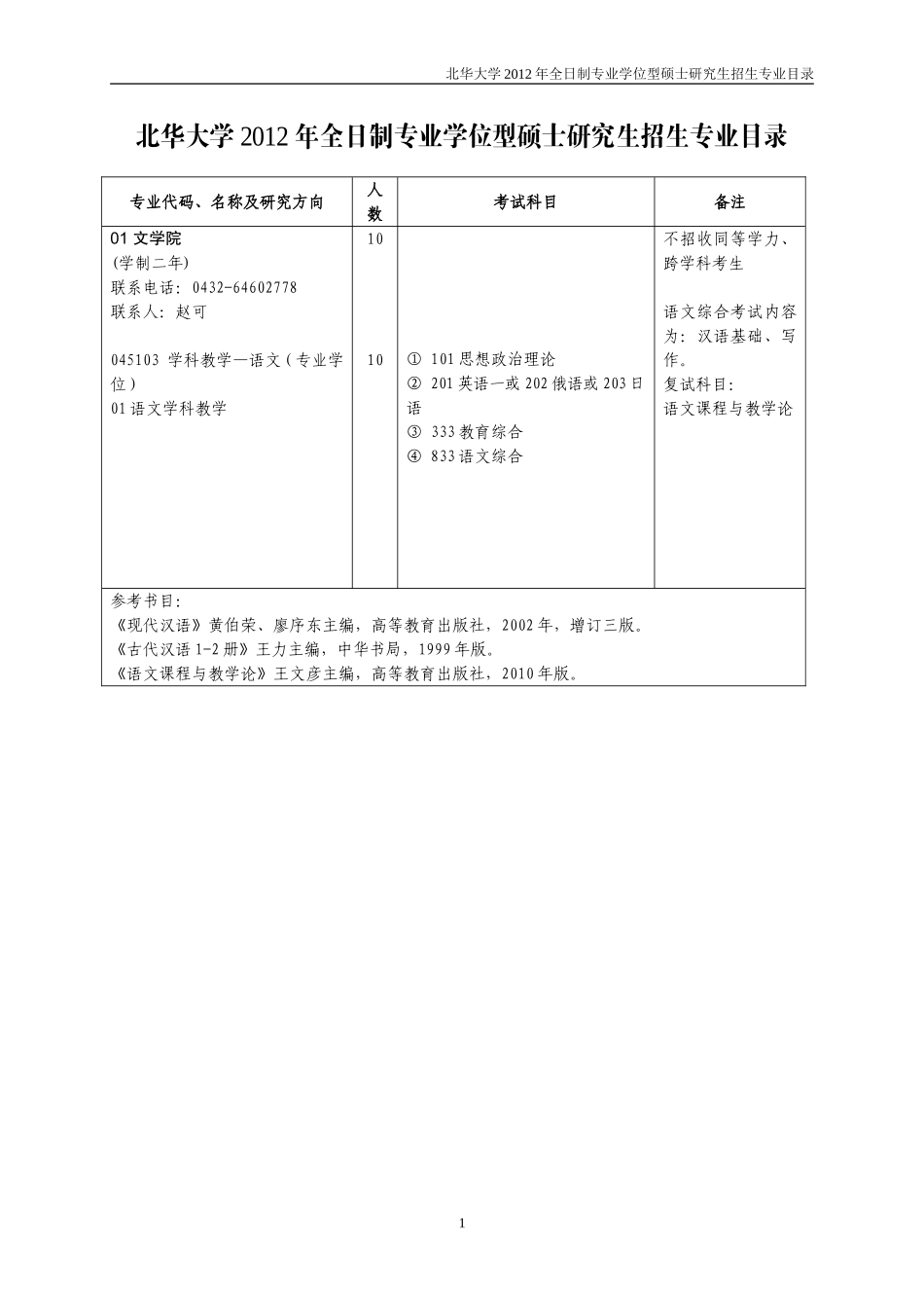 北华大学2012年全日制专业学位硕士研究生招生专业目录_第2页