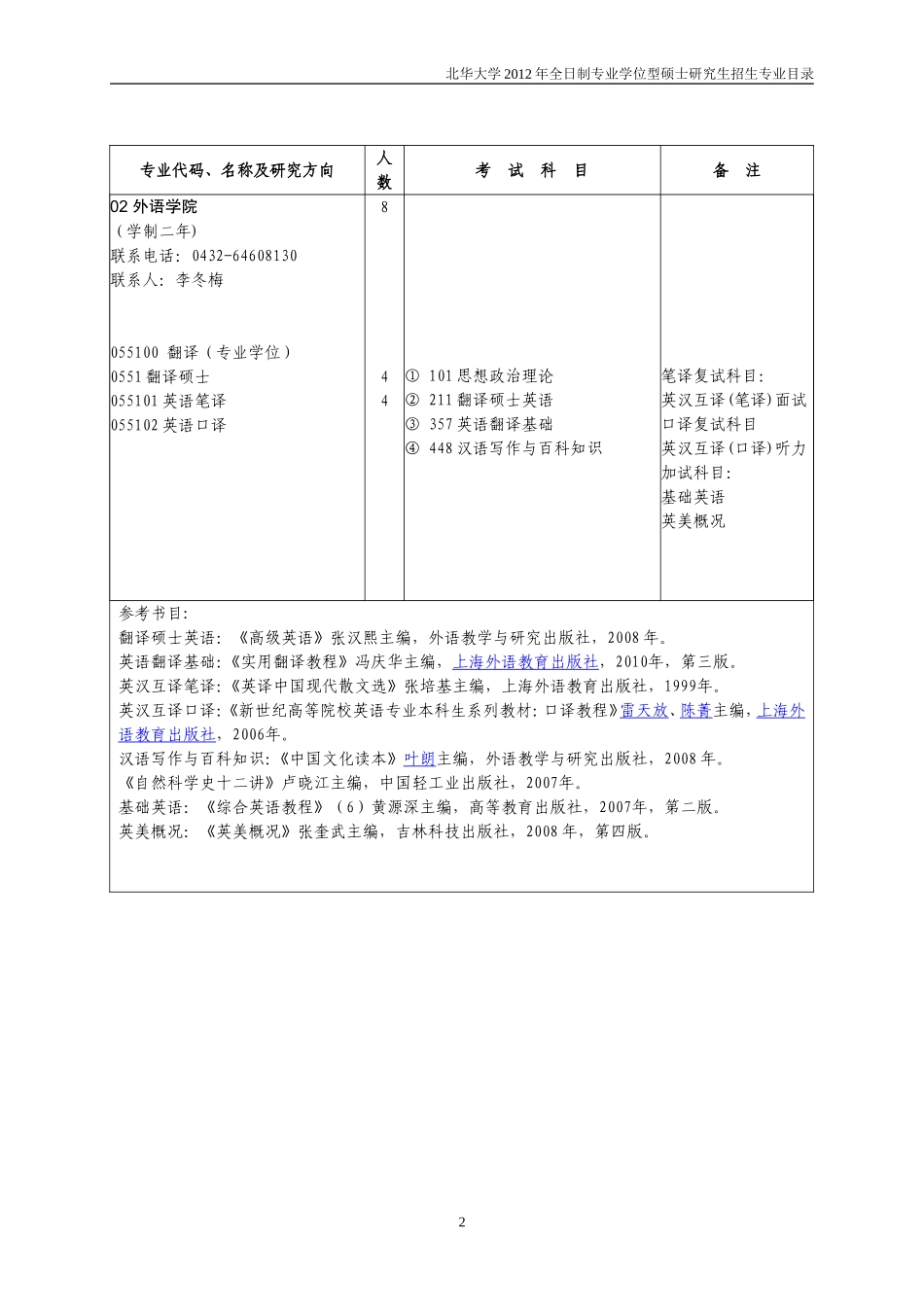 北华大学2012年全日制专业学位硕士研究生招生专业目录_第3页