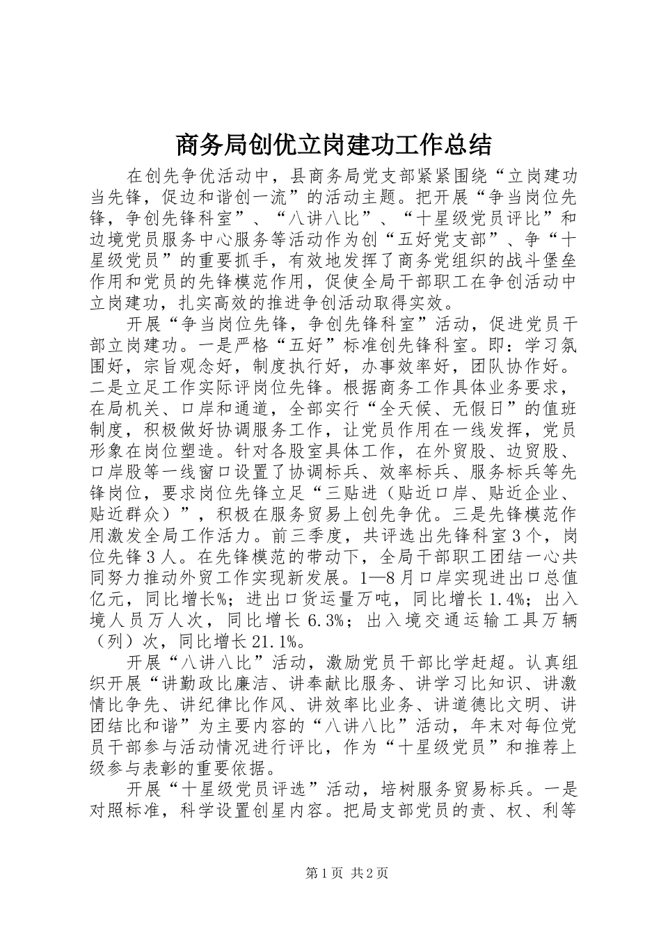 2024年商务局创优立岗建功工作总结_第1页