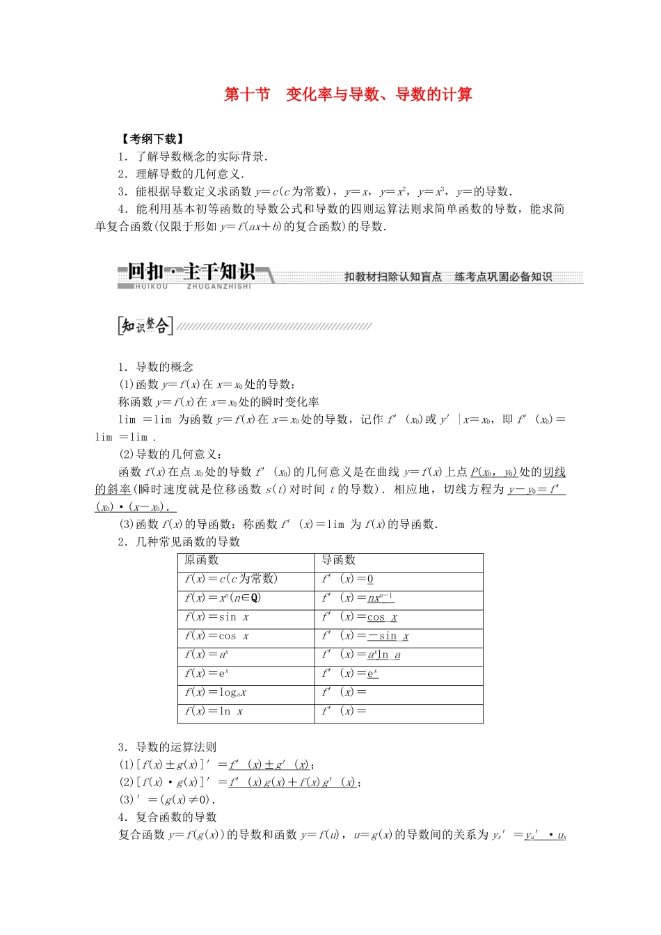 高考数学一轮复习（知识回扣+热点突破+能力提升）变化率与导数、导数的计算 理 北师大版_第1页