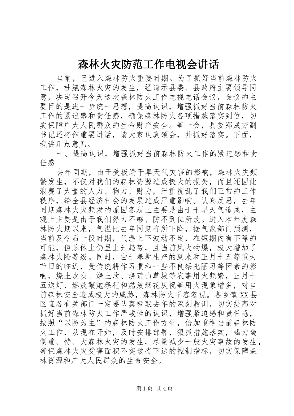 2024年森林火灾防范工作电视会致辞_第1页