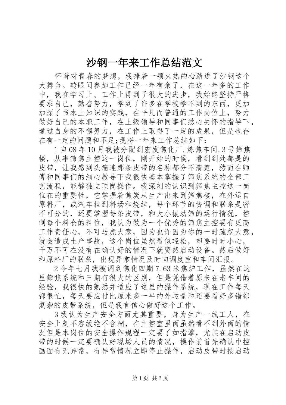 2024年沙钢一年来工作总结范文_第1页