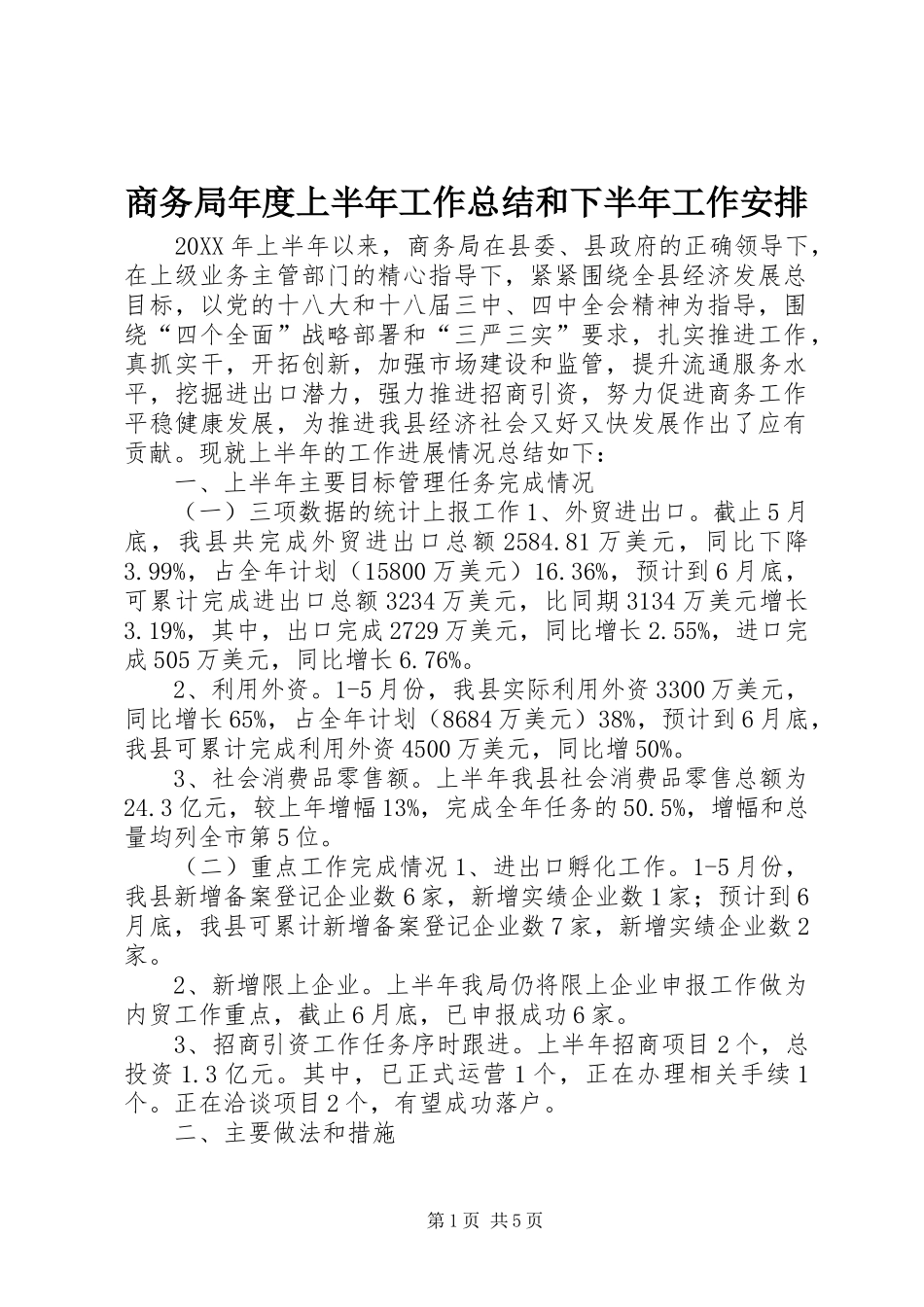 2024年商务局年度上半年工作总结和下半年工作安排_第1页
