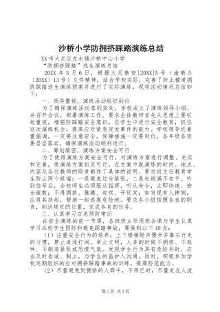 2024年沙桥小学防拥挤踩踏演练总结