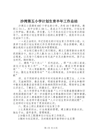 2024年沙湾第五小学计划生育半年工作总结