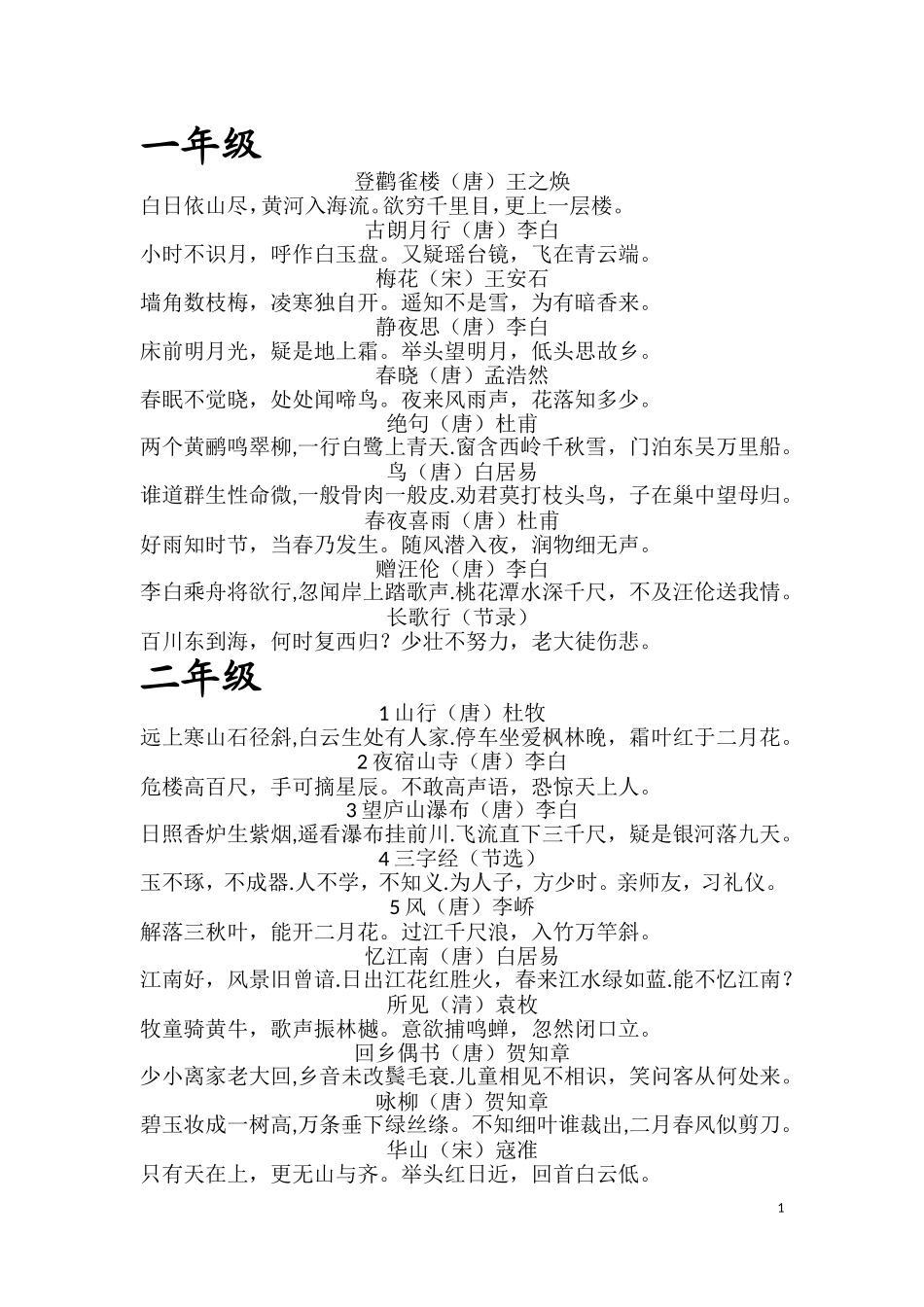 北师大版小学语文必背古诗(1--6)年级_第1页