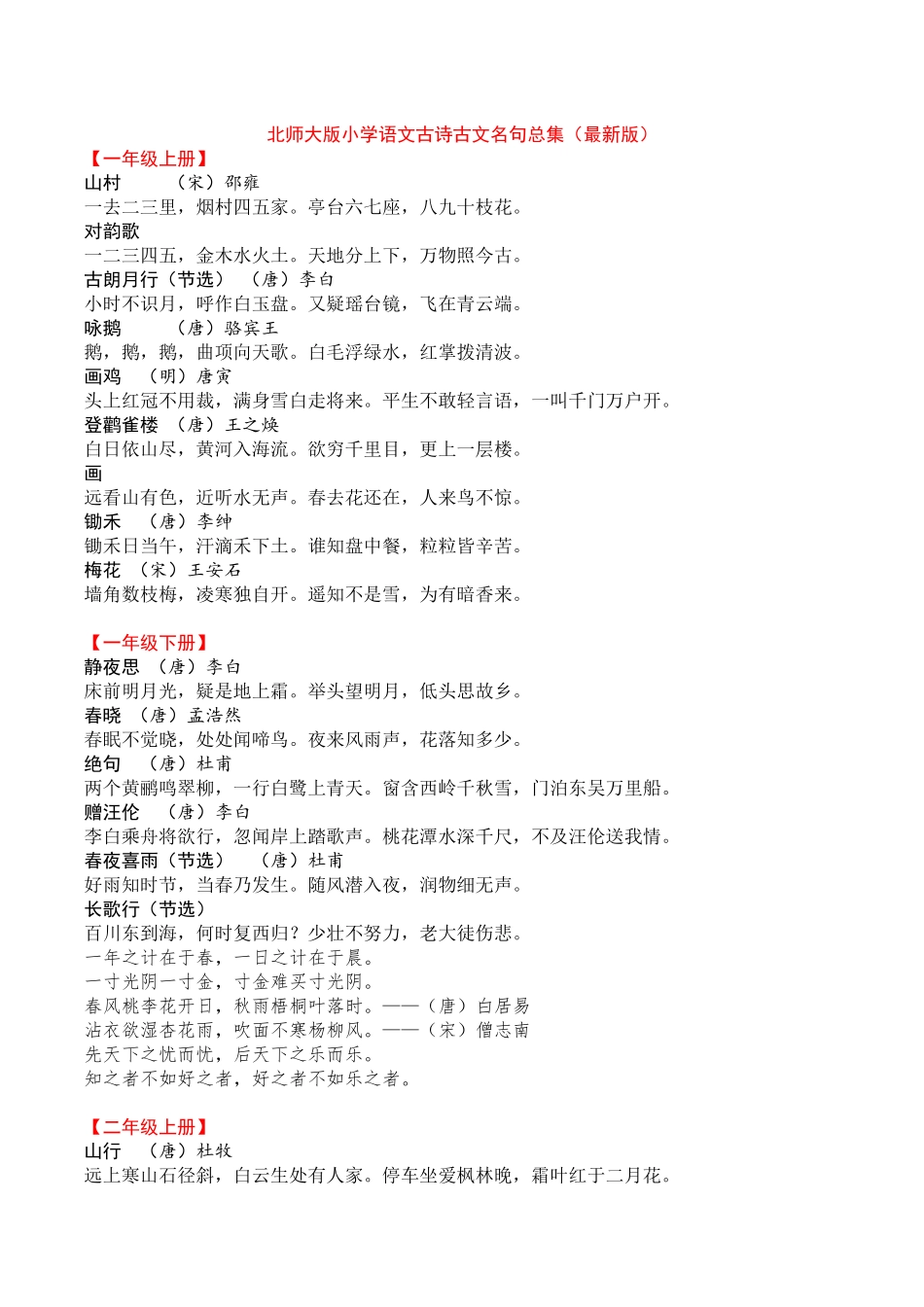 北师大版小学语文古诗古文名句总集(最新版)_第1页