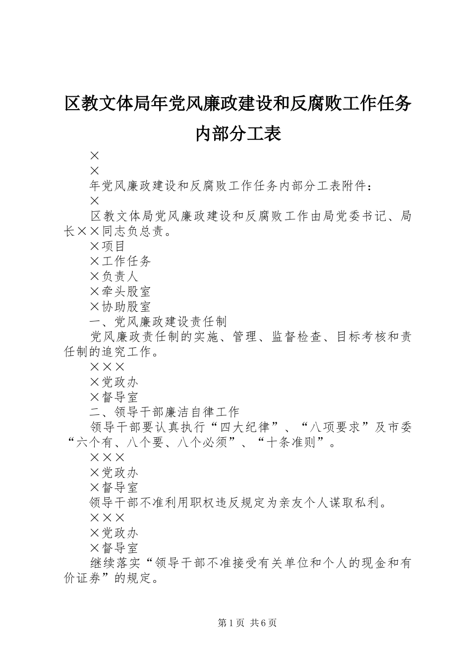 2024年区教文体局年党风廉政建设和反腐败工作任务内部分工表_第1页