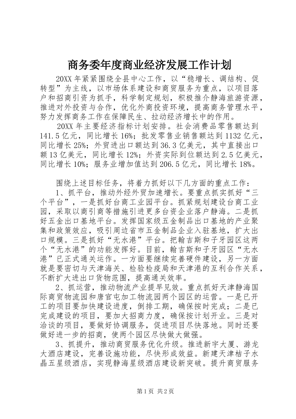 2024年商务委年度商业经济发展工作计划_第1页