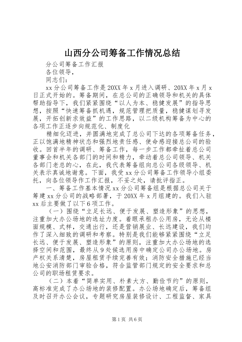 2024年山西分公司筹备工作情况总结_第1页