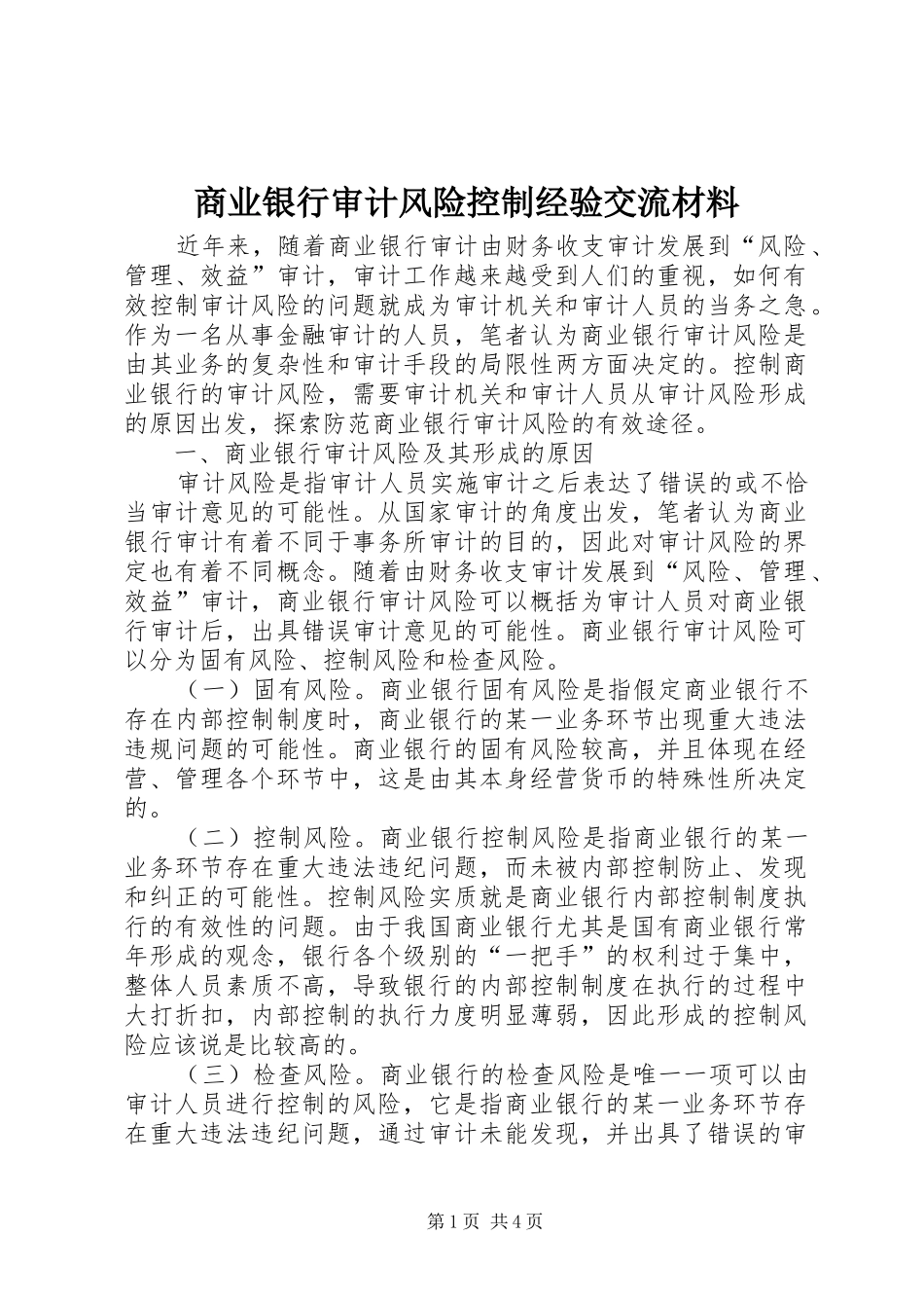 2024年商业银行审计风险控制经验交流材料_第1页