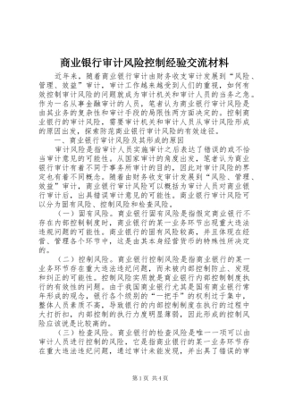 2024年商业银行审计风险控制经验交流材料