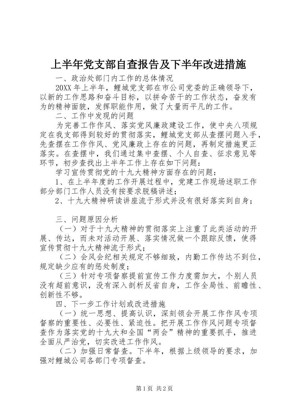 2024年上半年党支部自查报告及下半年改进措施_第1页
