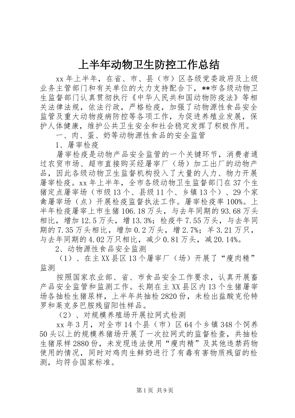 2024年上半年动物卫生防控工作总结_第1页