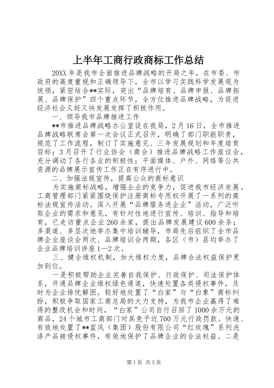 2024年上半年工商行政商标工作总结_第1页