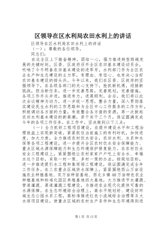 2024年区领导在区水利局农田水利上的致辞